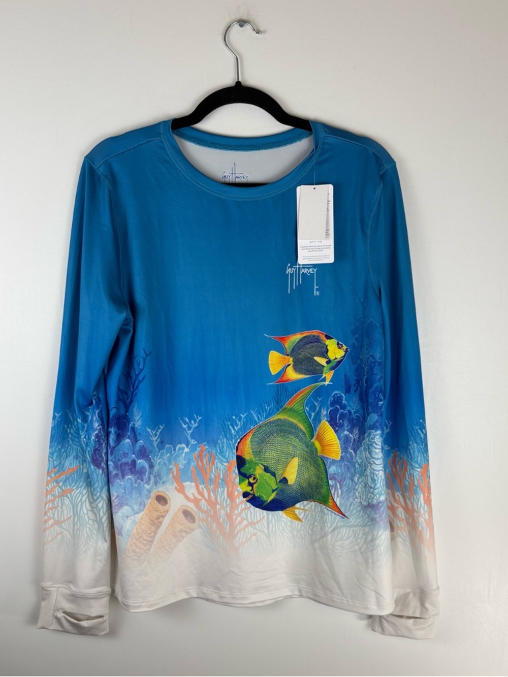 Guy Harvey Fishing Sun Shirt Large Vacation Boating Swim Top Fish Blue